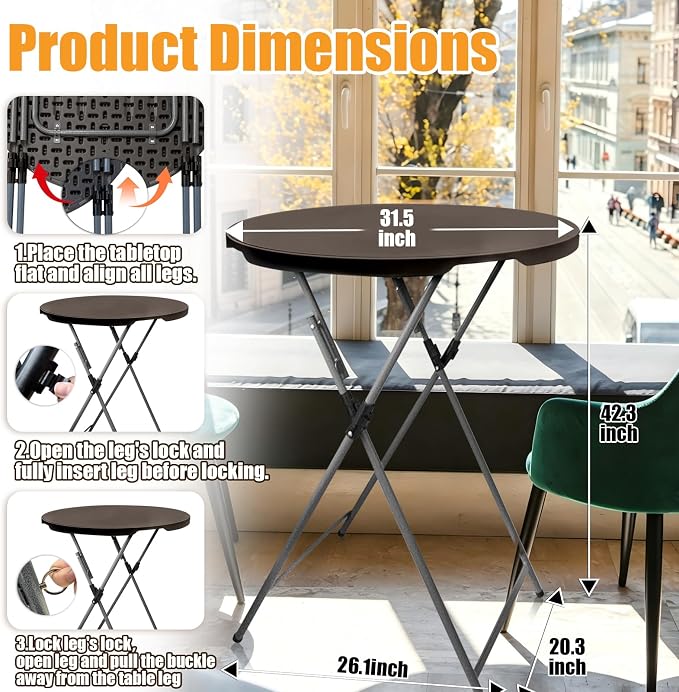 GUAGUA 32" Round Plastic Folding High Top Table - Versatile Bar, Cocktail & Portable Pub Table for Parties, Bistro & Events (Brown Set)