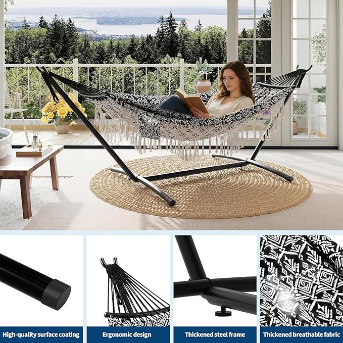 Portable Double Hammock with Stand, 450 lb Capacity Heavy Duty 2-Person Hammock Bed with Decorative Lace, Large Comfortable Outdoor Hammock for Patio, Backyard, Poolside, Easy Tool-Free Assembly