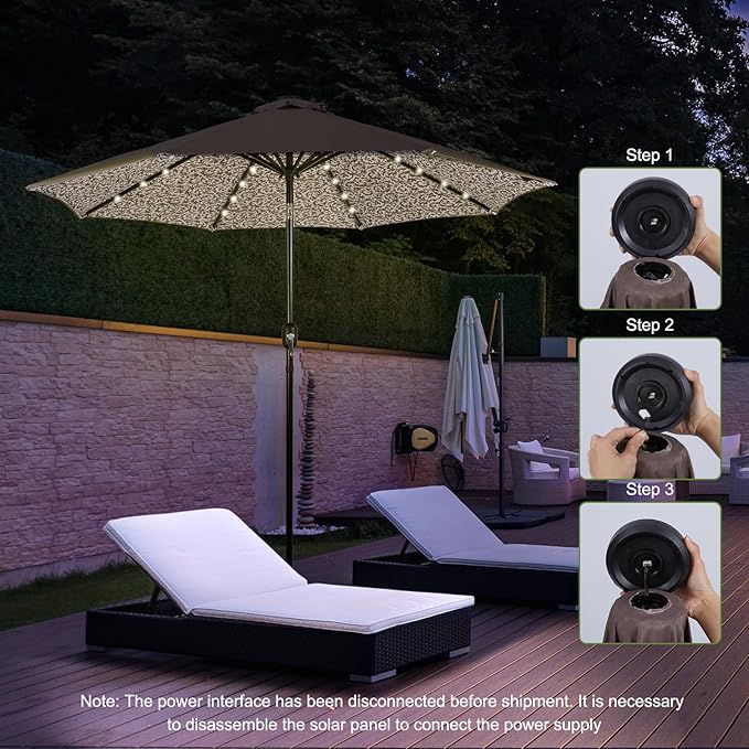 Backyard Expressions 9FT Solar Patio Umbrella with 32 LED Lights, UPF50+ UV Protection, Fade-Resistant Fabric, Easy Tilt & Crank, Outdoor Umbrella for Patio, Deck & Pool (Base Not Included)