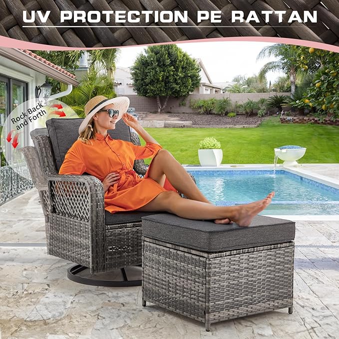 6 Pieces Wicker Patio Furniture Set Conversations Sets, 2 Outdoor 360° Swivel Rocking Chairs, Patio Swivel Glider Chair with Table and Ottoman for Garden, Poolside, Backyard (Grey)