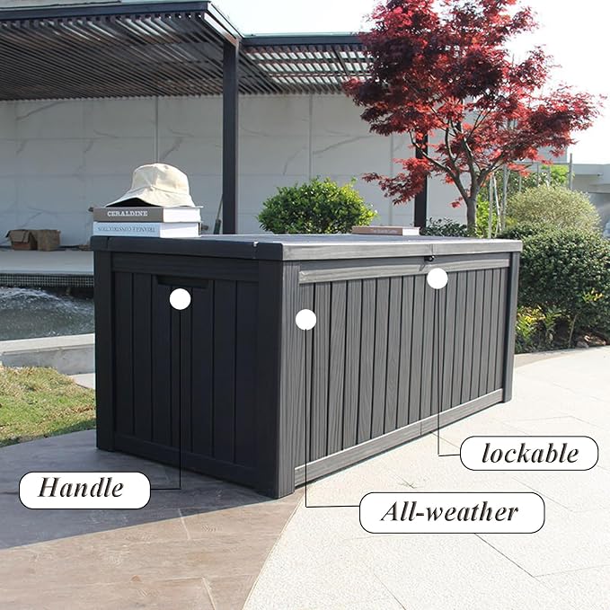 100 Gallon Deck Box, Large Resin Storage Bin, Waterproof and UV Resistant Lockable for Patio Furniture, Outdoor Cushions, Garden Tools