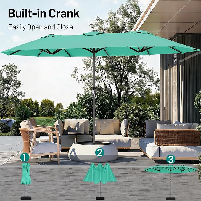 AreShark 15FT Outdoor Patio Umbrella with Crank, Large Rectangular Market Umbrella, Double-Sided Outdoor Umbrellas with Cross Base & Sandbag for Porch, Lawn, Pool, Backyard, Cerulean