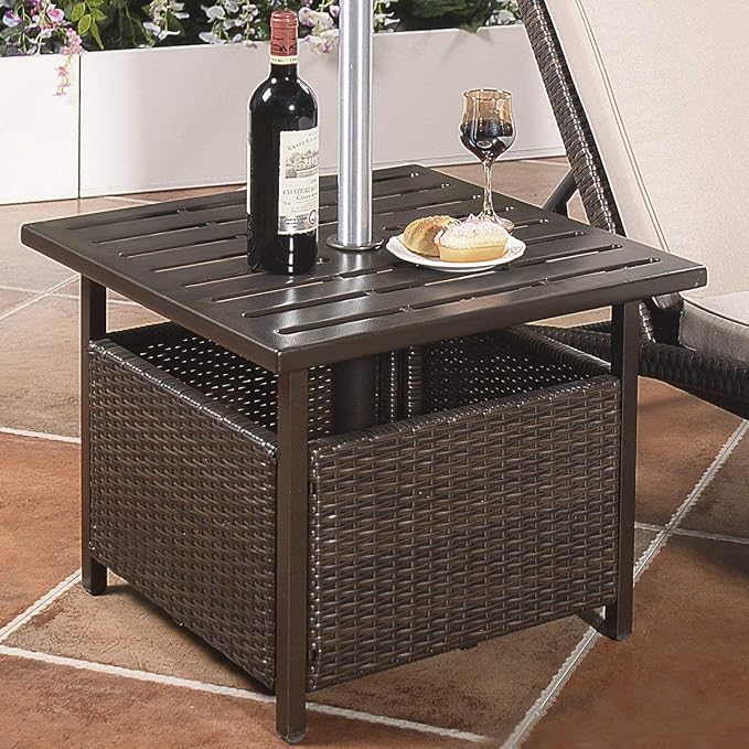 SPSUPE Brown Patio Rattan Umbrella Side Table, Steel Outdoor Furniture with Umbrella Hole, Deck Garden Pool Umbrella Side Table