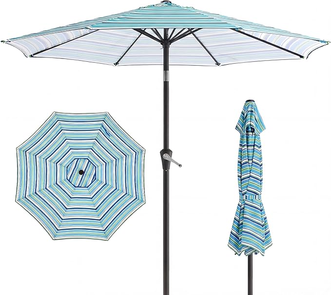 10FT Patio Umbrella, Outdoor Umbrella with Push Button Tilt and Crank, 8 Sturdy Ribs, UV Protection & Waterproof Market Umbrella for Pool, Backyard, Beach,Deck (Blue Green Stripes)