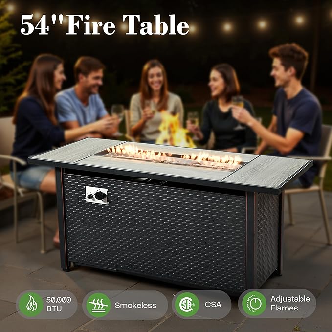 11 Pcs Patio Furniture with Fire Pit Table, Outdoor Rattan Wicker Conversation Set with Glowing Coffee Table, Comfy Sectional Sofa for Porch Balcony Backyard Pool, Grey