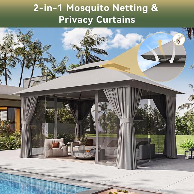 12'x10' Gazebo, Outdoor Gazebo Metal Frame Canopy with Double Roofs, Heavy Duty Patio Tent Shelter with Mosquito Netting and Privacy Screen for Backyard, Grey