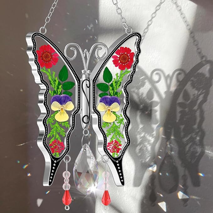 KY&BOSAM Butterfly Glass Crystal Pressed Flower Suncatchers Window Hanging | Colorful Prism Charm Sun Catcher Wind Chime Ornament,Metal Dried Flower and Glass,Mothers Day Gifts for Mom Christmas