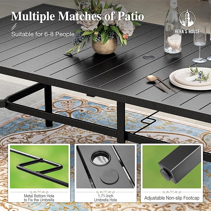 HERA'S HOUSE 9 Pieces Outdoor Dining Set, Patio Table and Chairs Set for 8, 8 x Textilene Chairs and 1 x Large Rectangle Metal Table with Umbrella Hole for Deck Garden Backyard Lawn Poolside