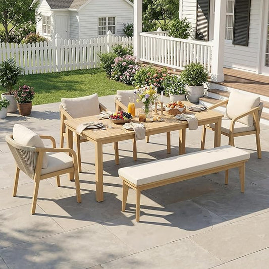 Wisteria Lane 6 Pieces Acacia Patio Dining Set for 6, Patio Dining Table and Chairs Set with Cushion, Modern Outdoor Dining Furniture Set for Garden Lawn Deck Backyard, Beige
