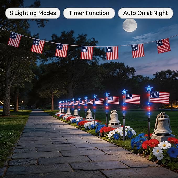 4th of July Decorations Outdoor, 8 Piece Flag Light Set with Timer, Red White and Blue Solar Pathway Lights, American Flag Yard Garden Lights IP65 Waterproof(8-Piece Flag Light Set)