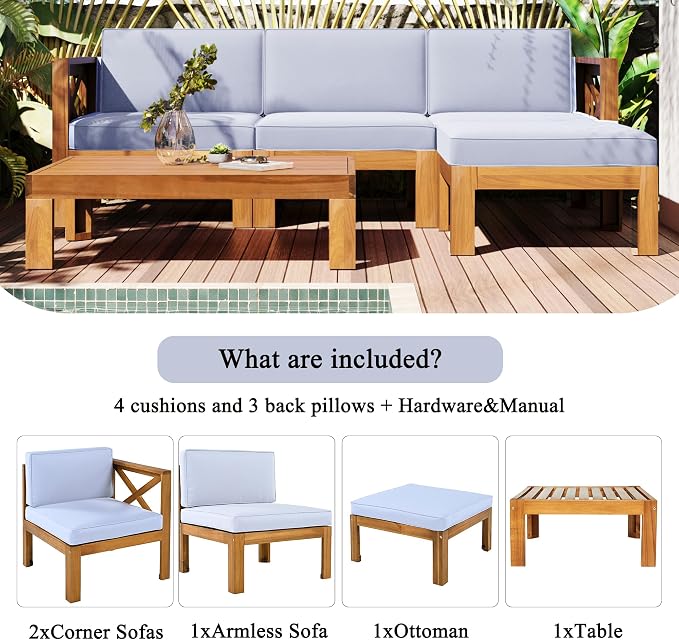 JIVOIT 5-Piece Outdoor Backyard Patio Set, Acacia Wood Sectional Sofa Seating Group Set with Tea Table and Cushions, Conversation Furniture Set for Garden Backyard Poolside