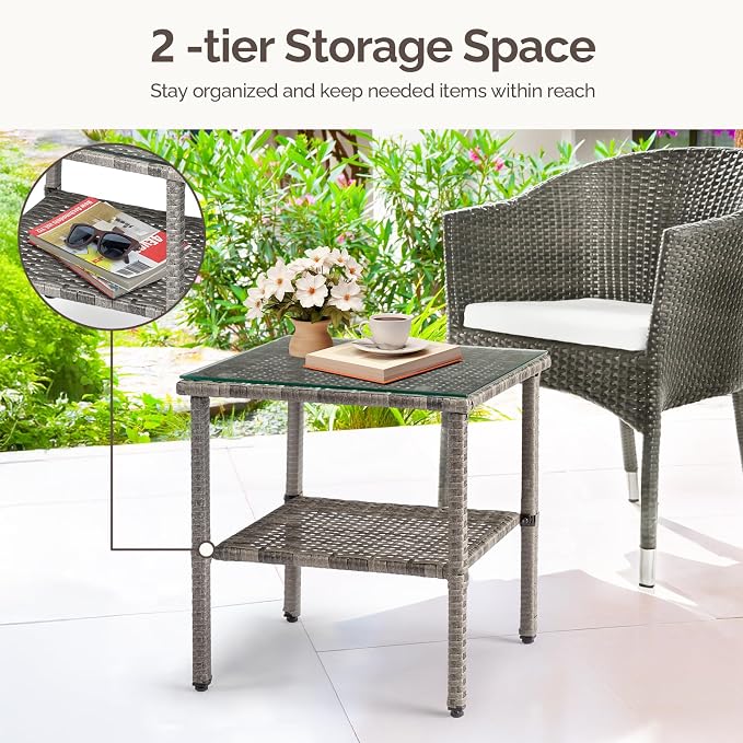 Outdoor Wicker Side Table,2-Layer Patio Rattan Garden Coffee End Square Table with Glass Top (Grey)