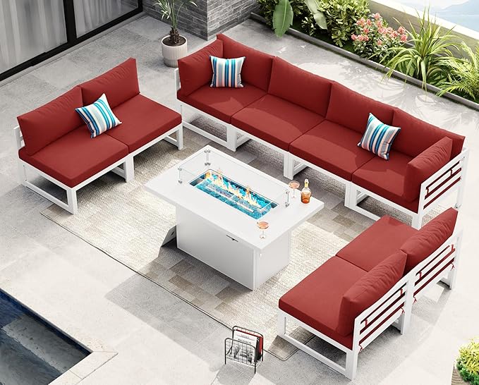 NICESOUL 9 Piece Oversized Modular Aluminum Outdoor Furniture Set with Fire Pit Table, 29" Deep Wide Sectional Seating, 500 lbs High Weight Capacity Patio Conversation Set for Garden Deck, Burgundy