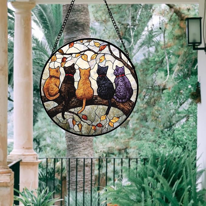 DASTOLL Stained Glass Window Hanging - 5 Cats on a Branch Suncatcher for Window Doors Home Decoration and Christmas, Mother's Day Father's Day Birthday Gifts for Women, Men, and Mom 7.8x7.8 in