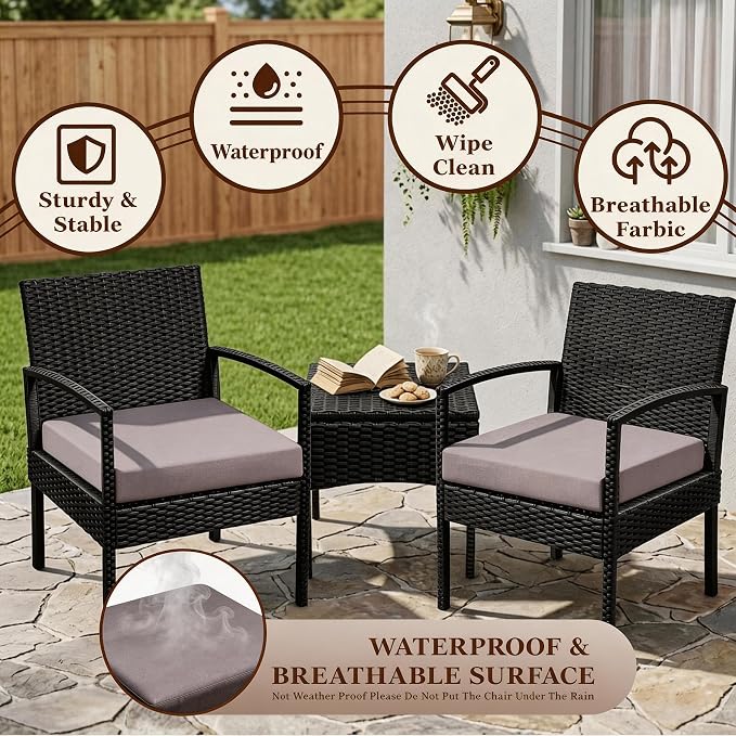 PROHIKER 3 PCS Patio Rattan Conversation Bistro Chairs Set, Outdoor Patio Furniture Wicker Bistro Set with Coffee Table for Garden Porch Balcony Yard Lawn, Brown