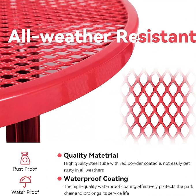 Heavy Duty Picnic Table for Outdoors 3200 lbs Load All Metal Dining Table with Umbrella Hole up to 1.5", Round Camping Table for Commercial Picnic Table with Benches, Red