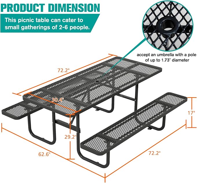 Picnic Tables for Outdoors with Umbrella Hole-Coated Steel Heavy Duty Commercial Grade Table with Seats,Commercial Metal Picnic Tables,Heavy Rectangular Furniture Set for a Lifetime (Black)