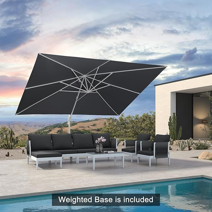 PURPLE LEAF 10' × 13' Patio Umbrella With Base White Cantilever Umbrella Square Outdoor Offset Umbrella Windproof with 360° Rotation for Garden Deck Pool, Light Grey