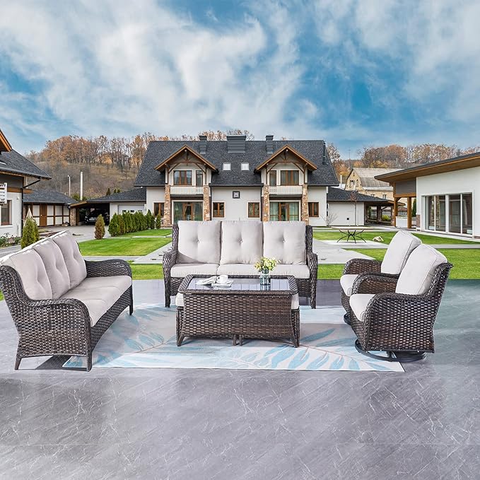 Rilyson Wicker Patio Furniture Set - 7 Piece Rattan Outdoor Sectional Conversation Sets with 2 Rocking Swivel Chairs,2 Ottomans,2 Sofa and 1 Coffee Table for Porch Deck Garden(Brown/Beige)