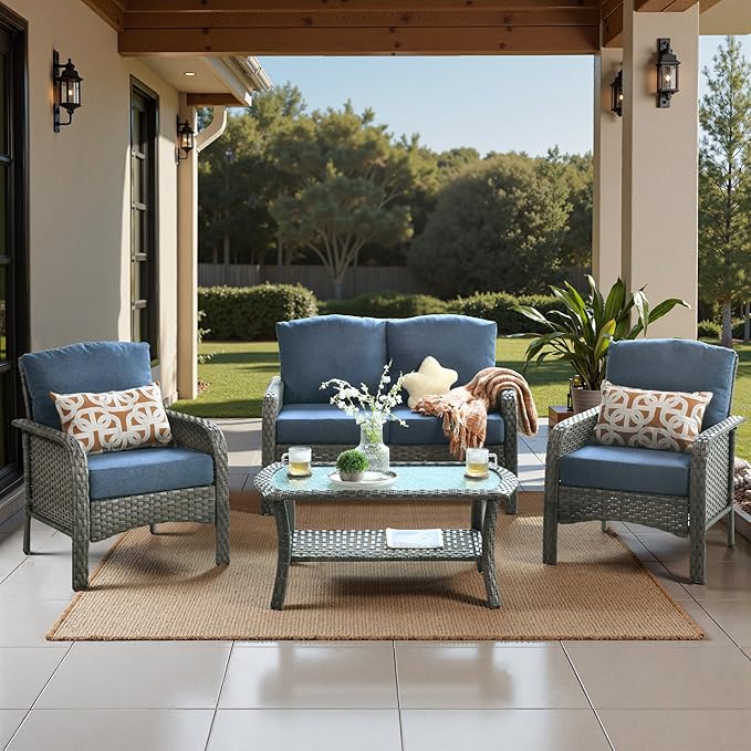Weaxty Wicker Patio Furniture Set High Back Loveseat Sofa Couch Armchair Coffee Table, All Weather Rattan 4 Pieces Outdoor Conversation Sets for Patio Porch Deck Backyard Poolside, Denim Blue