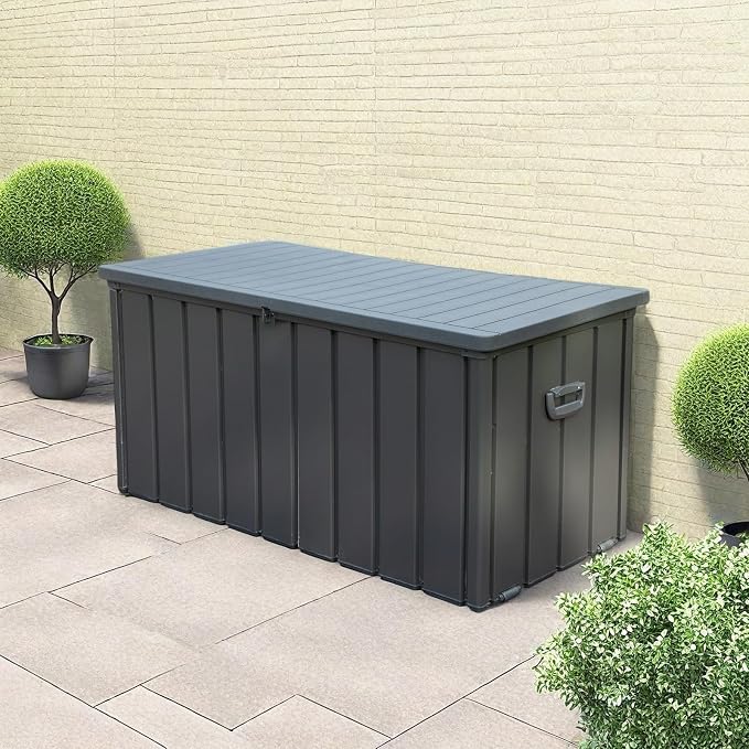 ChicFurnit Outdoor Storage Box, 100 Gallon Deck Box with Lockable Resin Lid & Portable Side Handles, Outdoor Storage Bin with Stable Support Rod, Soft Close Mechanism & Mobility Rollers, Dark Gray