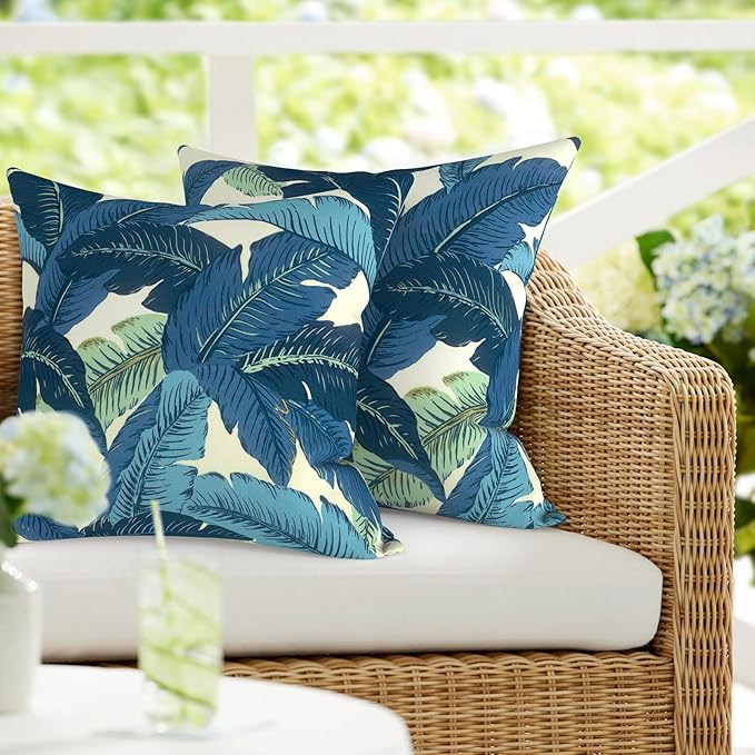 DYTXIII Pack of 2 Outdoor Waterproof Pillow Covers ONLY, 18"x18" Square Decorative Double Printed Throw Pillow Cases for Patio Couch Porch Furniture, Swaying Palms Blue