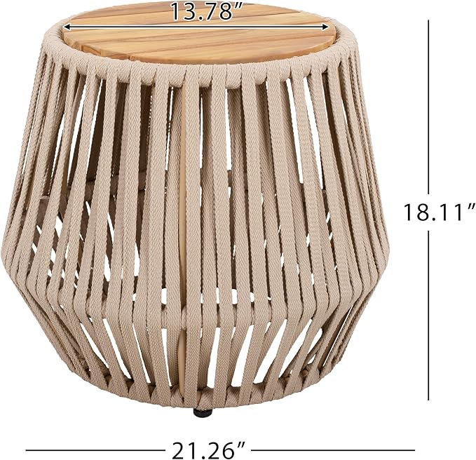 Outdoor Side End Table for Patio with Rope and Acacia Wood, Small Round Patio Table, Outside Boho Accent Table for Backyard Balcony Gazebo Party, Beige