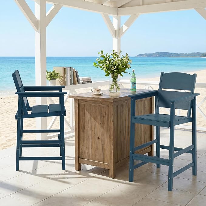 HDPE Outdoor Bar Height Chairs Set of 6, 28.5" Seat All-Weather High Top Patio Stools with Backrest, Heavy Duty Commercial Grade Deck Seating for Backyard Party/Pool/Balcony, Wood Texture Blue