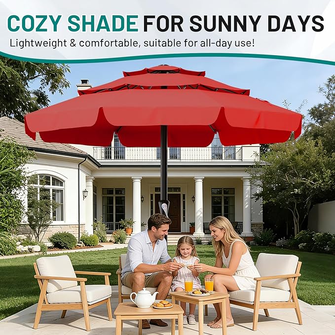 AreShark 11FT 3-Tiers Patio Umbrella with Valance, Outdoor with Crank, Large Outdoor Market Umbrellas Vented with 8 Sturdy Ribs, Patio Table Umbrellas for Garden, Deck, Backyard, Pool, Red