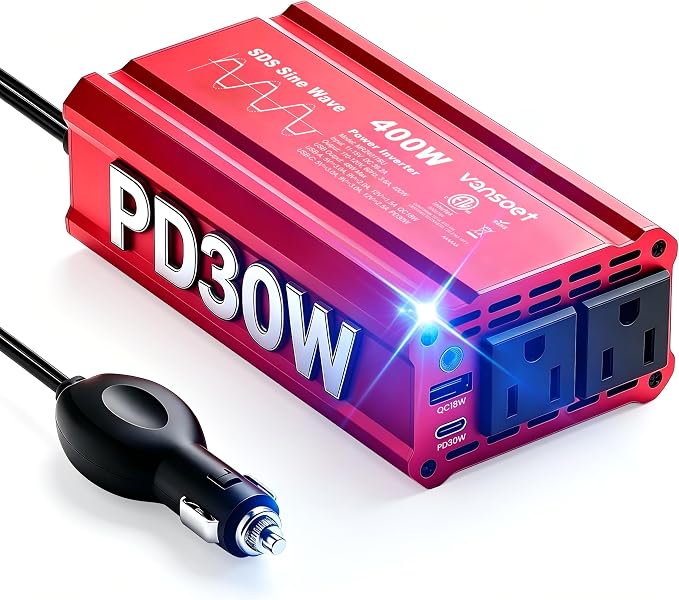 【2026 Upgraded】 400W Peak Clipped Sine Wave Car Power Inverter DC 12V to AC(2 Outlets) 110V Car Charger Plug Adapter Power Converter with PD3.0 & QC18W Dual USB Charging Ports (Red-400)