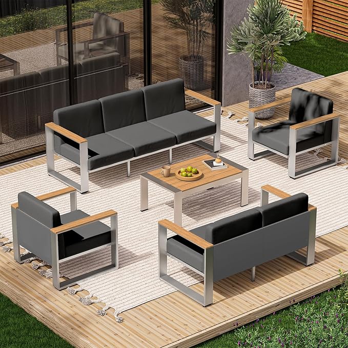 2 Pieces Outdoor Aluminum Armchair, Modern Patio Patio Furniture with Wide Seat and Thick Cushions, All-Weather Oversized Couch for Deck, Porch