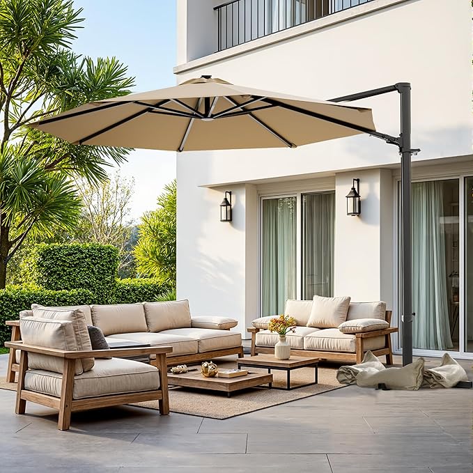 Greesum 10FT Outdoor Patio Umbrella with High Pedel and 4 Gear Heights, Large Offset Market Umbrella with 360-degree Rotation, Without Base, Hanging Outdoor Shade for Garden, Lawn, Pool, Brown