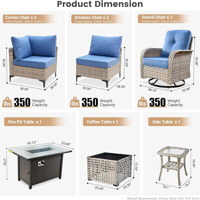 Outdoor Patio Furniture Sets,9 PCS Patio Conversation Set Outside Rattan Sectional Sofa with 42 in Fire Pit Table Wicker Rocking Chair Coffee Table Fit Backyard Porch Garden Poolside Balcony