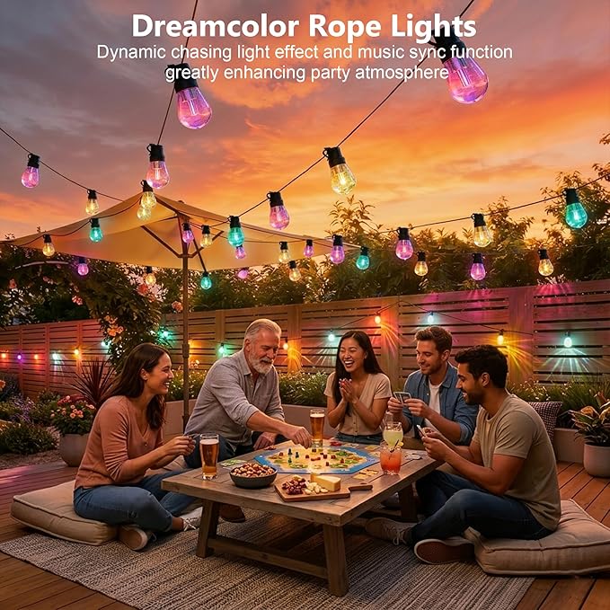AHRLHR 150FT RGB+IC Outdoor String Lights,Outside Light Dimmable Shatterproof LED Bulbs,Balcony, Outdoor Living， IP67 Waterproof Chasing Effect Lighting DreamColor Patio Strip Lights for Backyard