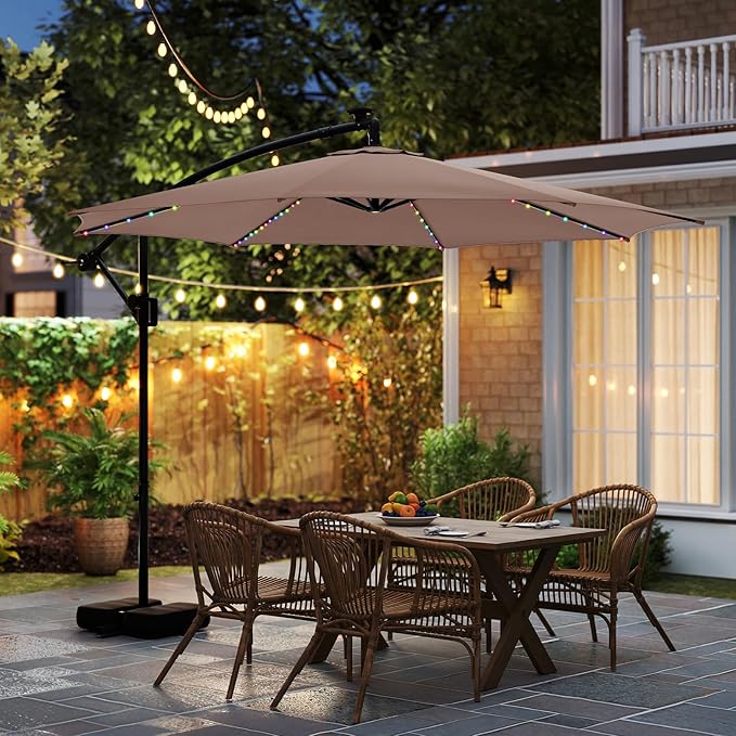 Tangkula 10 FT Solar Patio Umbrella with Base Included, Cantilever Offset Hanging Outdoor Umbrella with 96 Multi-Colored Flowing LED Lights, 9 Modes, Tilt Adjustment, 360° Rotation, Crank for Pool Yard Deck Lawn (Coffee)