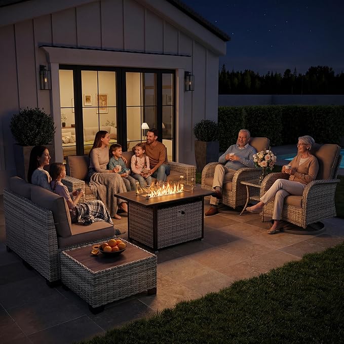 10-Piece Outdoor Patio Furniture Set with Rocking Swivel Chair, PE Wicker Rattan Sectional Sofa Patio Conversation Set with 55,000 BTU Fire Pit Table & Coffee Table, Turquoise
