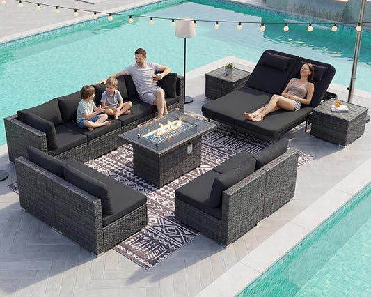 NICESOUL 13 Piece Outdoor Sectional with Fire Pit Table, All-Weather Wicker Modular Patio Furniture Set with Firepit & Chaise Lounge, Large Deep Sitting for Backyard, Deck, Grey & Black