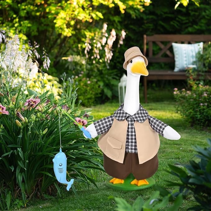 JcHrmers Fishing Porch Goose Outfits Fisherman Lawn Goose Clothes Fit 23" High Cement or Plastic Goose Statue for Outdoor Garden Yard Patio Decor