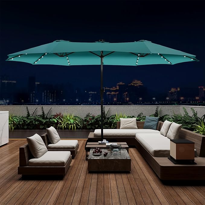 15 ft Patio Umbrella with 48 LED Lights, Large Rectangle Outdoor Solar Umbrella with Matching Base, Strap, Crank, Blue