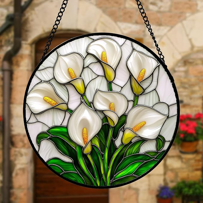 DASTOLL Stained Glass Window Hanging, White Calla Lily Suncatcher Diamond Glass Panel Hangings Flowers Sun Catchers Decor for Birthday for Women, Men, Wife, Aunt, and Mom 7.8 in