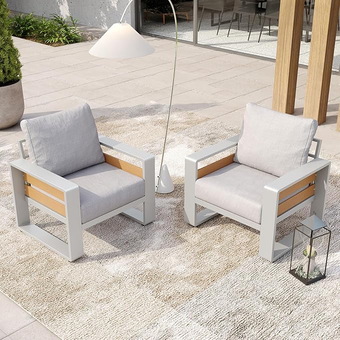 Aoxun Aluminum Patio Furniture Set, 2 Piece Luxury Outdoor Sectional with 6" Olefin Fabric Cushions, Patio Conversation Sets with Coffee Table Outdoor Sofas for Backyard, Porch Grey