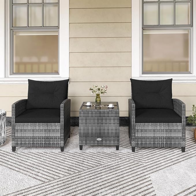 Patio Furniture Set, 3 Pcs Outdoor Wicker Conversation Set with Glass Coffee Table, Patio Chairs w/Washable Cushions, PE Rattan Outdoor Furniture Set for Porch Garden Backyard (Black)