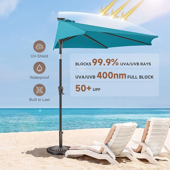 FLAME&SHADE 9 FT Solar Half Patio Umbrella with 25 LED Lights, Half Outdoor Umbrella with Button Tilt, Half Round Table Umbrella For Deck, Backyard, Balconies, Decks, Rvs, UV Protection (Aqua Blue)
