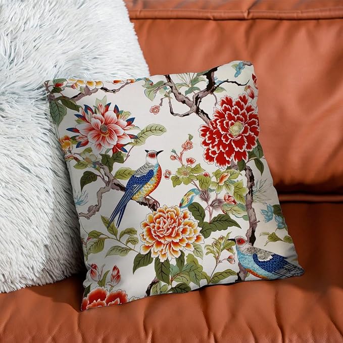 Chinoiserie Tree Peony Bird Cushion Cases Floral Coral Turquoise Pillowcase 26x26 INModern Accent Modern Decorative Pillow Covers for Patio Couch Bench