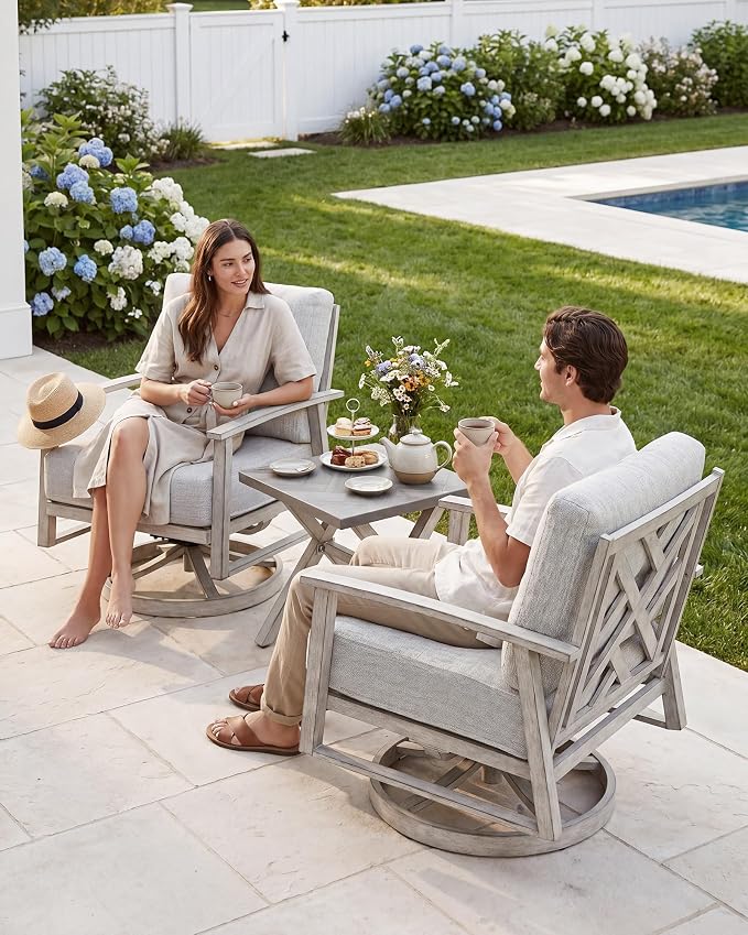 Outdoor Swivel Sofa Chairs Set of 2, Never Rusts All-Aluminum Outdoor Swivel Armchairs Set with Thick Cushions, 2-Piece All Weather Patio Sofa Chairs for Garden, Poolside, Lawn, White Oak