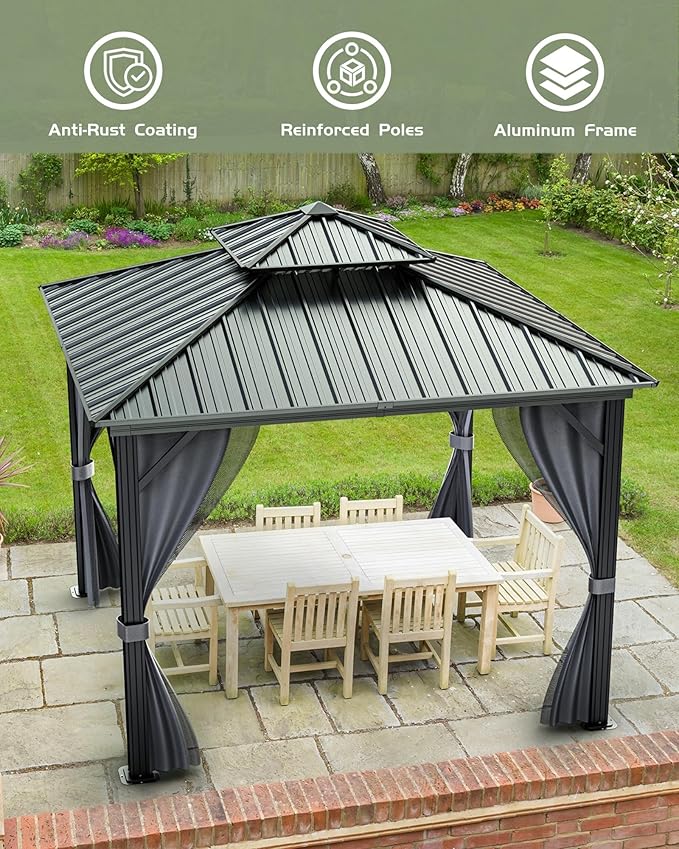 12x12 Gazebo Hardtop, Aluminum Frame Gazebos with Galvanized Steel Double Roof, Mosquito Net & Privacy Curtain,for Patio, Porch, Garden, Lawn, Deck, Backyard