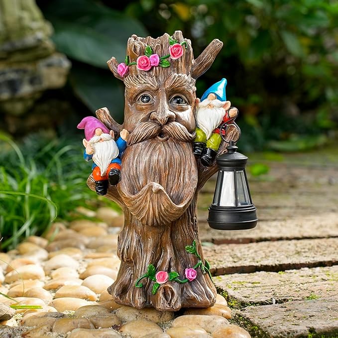 Joint Honglin Whimsical Tree Ent Garden Statue with Gnomes – Solar Powered Outdoor Decor with LED Lantern, Funny Yard Ornament for Lawn, Patio, Porch, or Garden