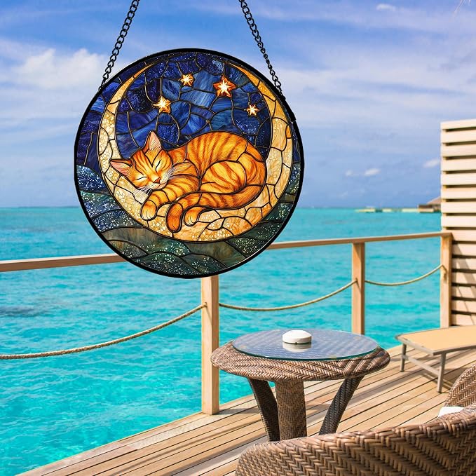 Stained Glass Window Hanging - Orange Moon Sleeping Cat Sun Catcher for Door Home Decor Blue Starry Sky Suncatcher Christmas Mother's Day Birthday Gifts for Women Men Mom Nana 9.8 in