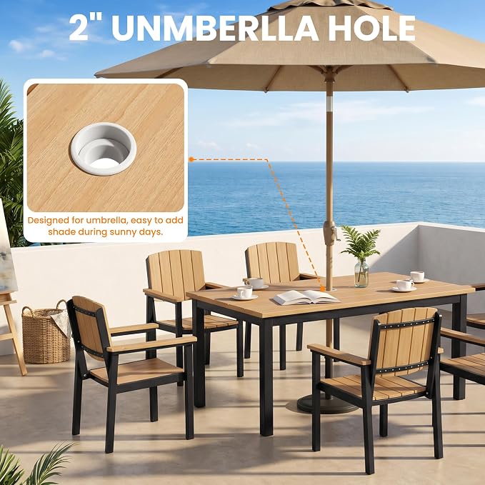 Outdoor Dining Sets Patio Table and Chairs Set 5-Piece, Aluminum Frame HDPS Faux Wood, All Weather Patio Dining Set with Umbrella Hole for Garden Backyard Poolside Nature Wood