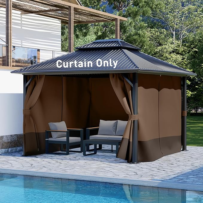 Aoodor 10x13 ft Outdoor Gazebo Curtains, 4 Panels Waterproof Privacy Sidewall Replacement with Zipper for Patio Pergola and Canopy, Brown and Coffee
